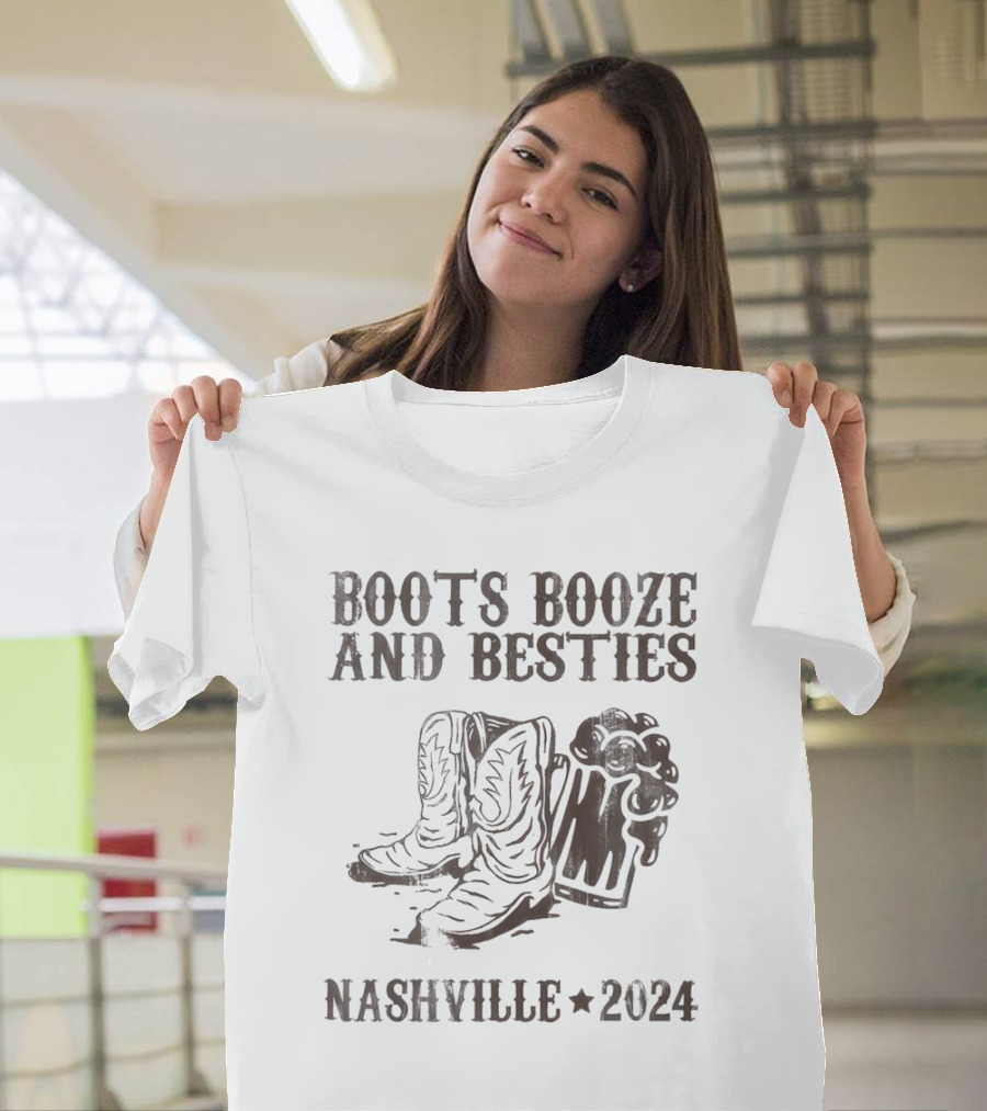 Boots Booze and Besties Nashville 2024 with Cowboy Boots and Beer Mug T-Shirt