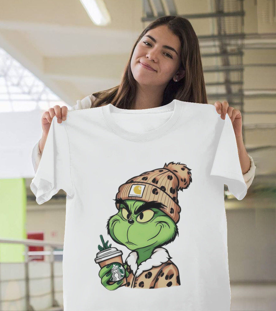 Grinch Boujee Leopard Coffee Cozy Winter T-Shirt