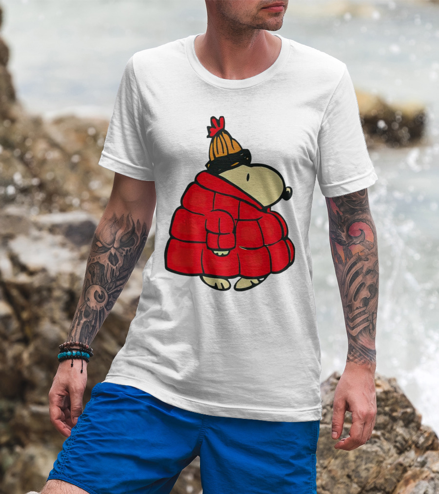 Snopy Puffer Coat Winter Christmas Beanie T-Shirt