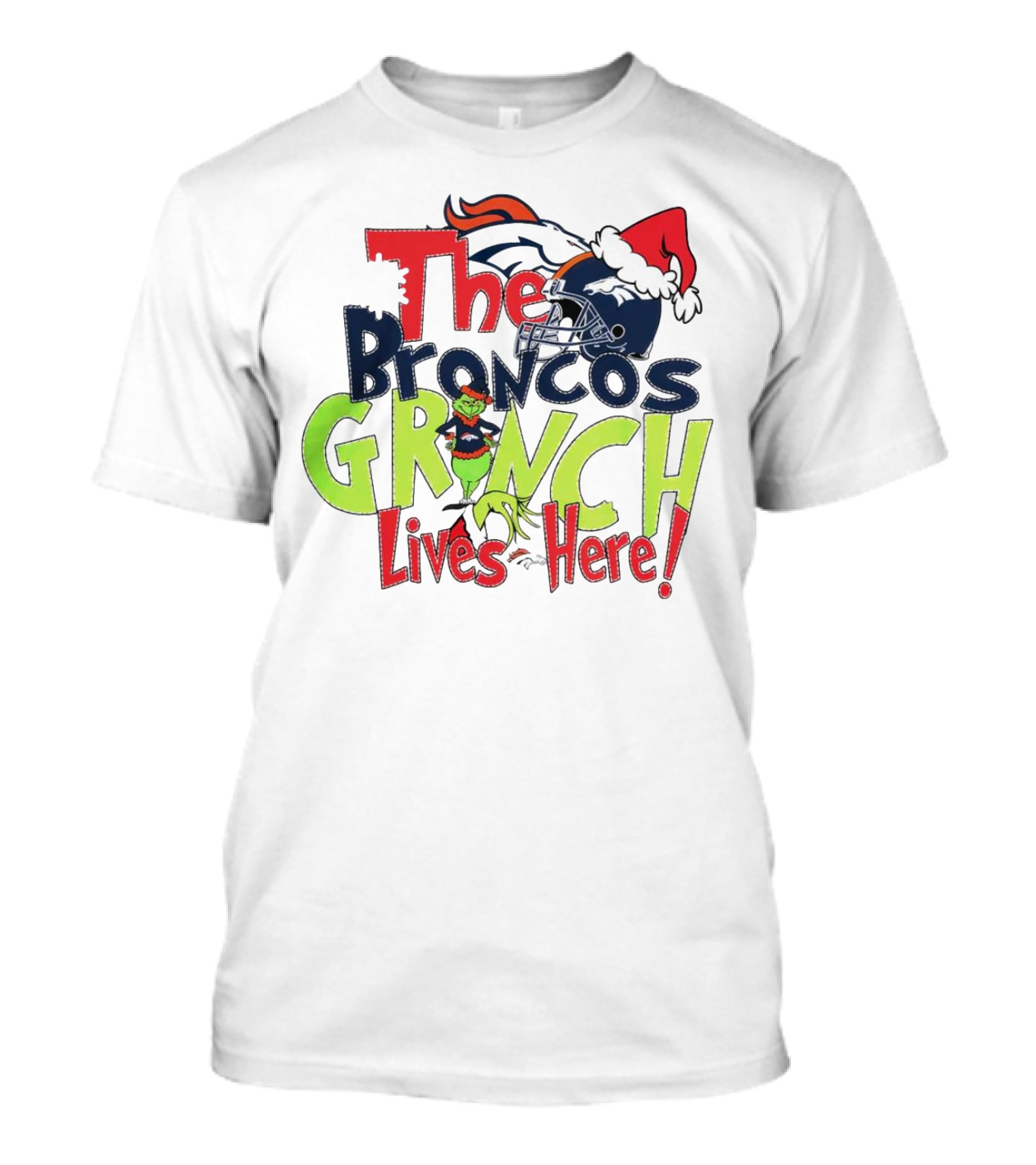 The Broncos Grinch Lives Here Christmas Denver Broncos Santa Hat Helmet T-Shirt