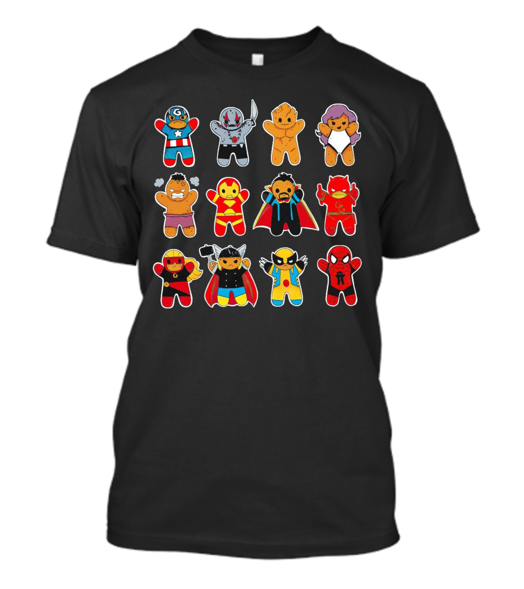 Gingerbread Super Heroes Cookie Avengers Guardians Comic Fun T-Shirt