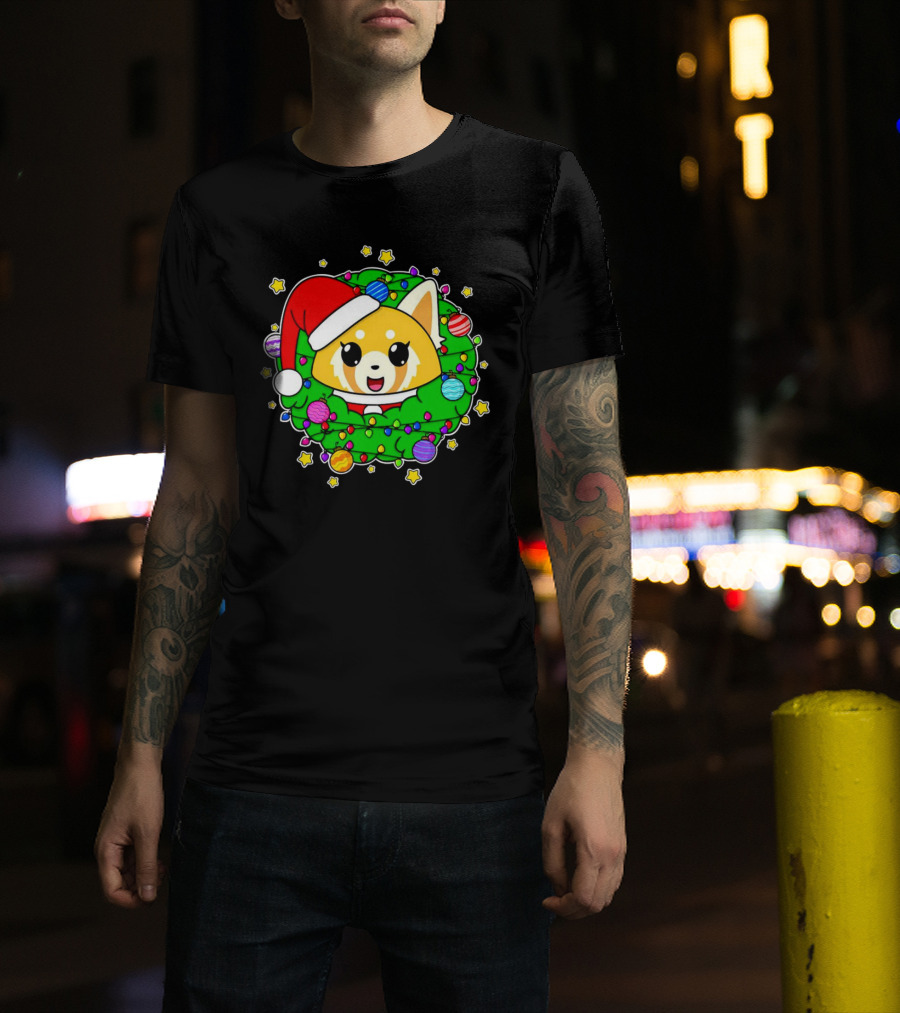 Aggressively Merry Christmas Kawaii Red Panda With Santa Hat In Holiday Wreath T-Shirt