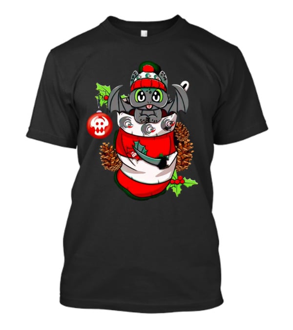 Baby Dragon Holiday Stocking With Skull Ornament And Pinecones T-Shirt