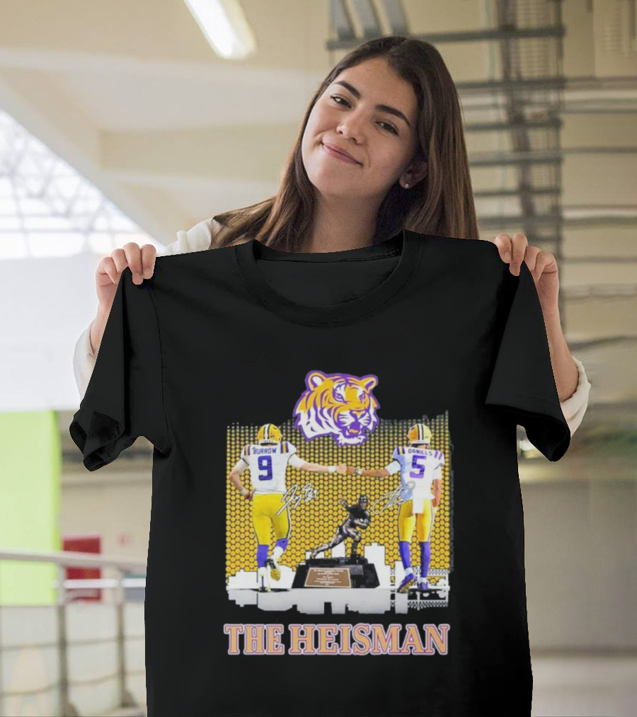 The Heisman LSU Tigers Burrow Daniels Tiger Head Football Trophy T-Shirt
