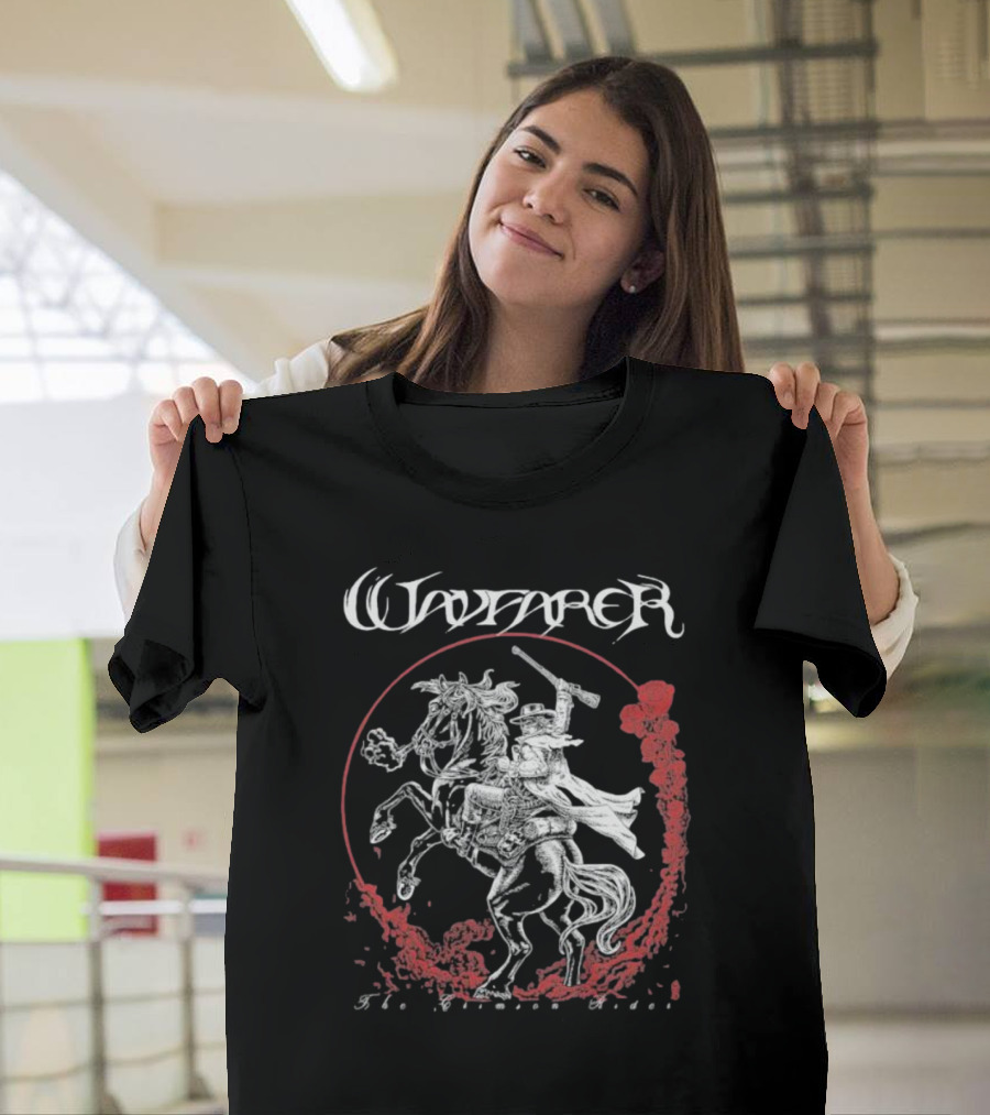 Wayfarer The Crimson Rider Vintage Western Hero on Horseback with Red Cloud Motif T-Shirt