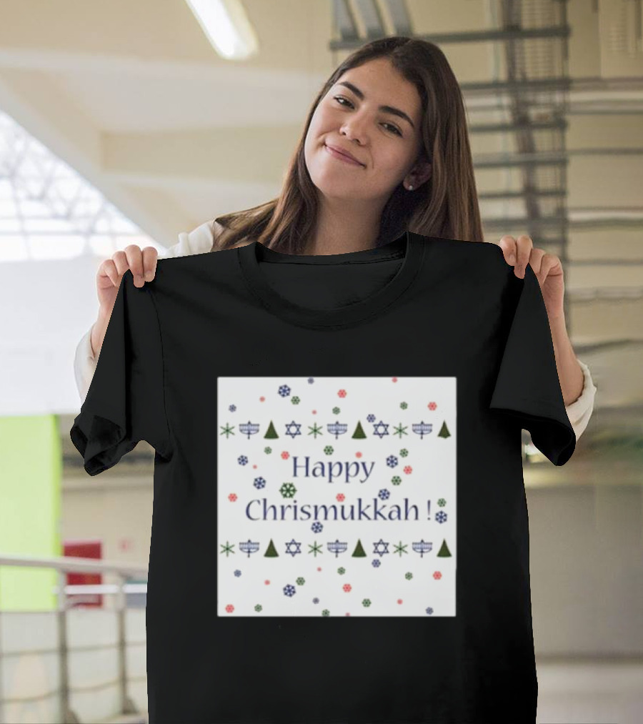 Happy Chrismukkah Snowflakes Stars Trees and Menorahs T-Shirt