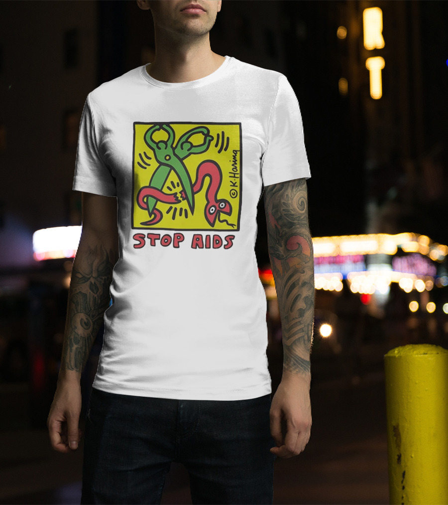 Keith Haring Stop Aids Scissors Cutting Snake T-Shirt