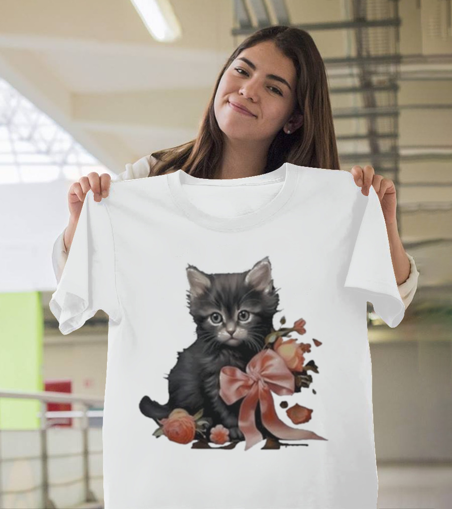 Kimchi And Miso Cute Cat With Bow And Flowers T-Shirt