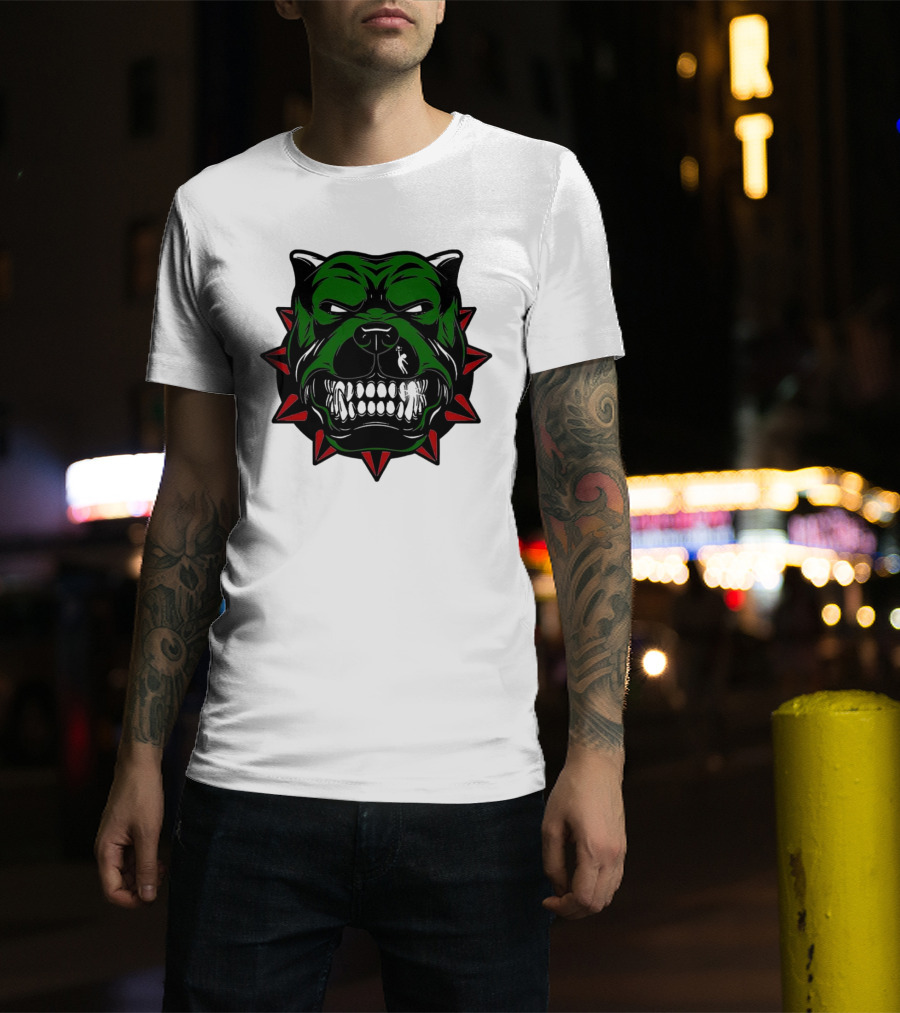 Angry Pitbull With Green Face And Red Spiked Collar Merry Christmas T-Shirt