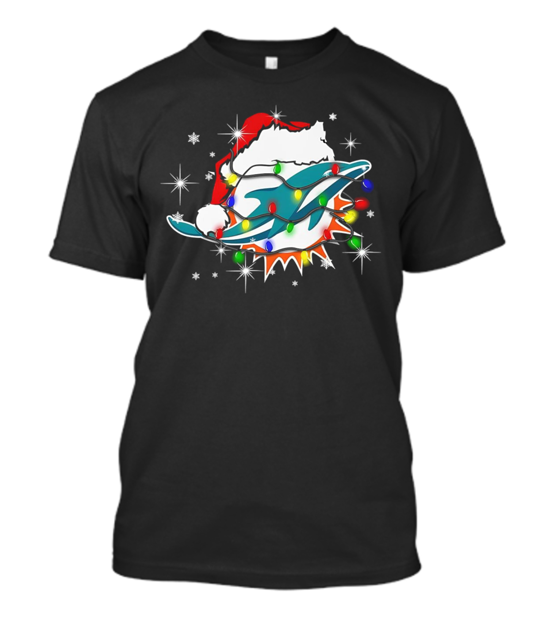 Miami Dolphins Santa Hat Christmas Lights Snowflakes T-Shirt
