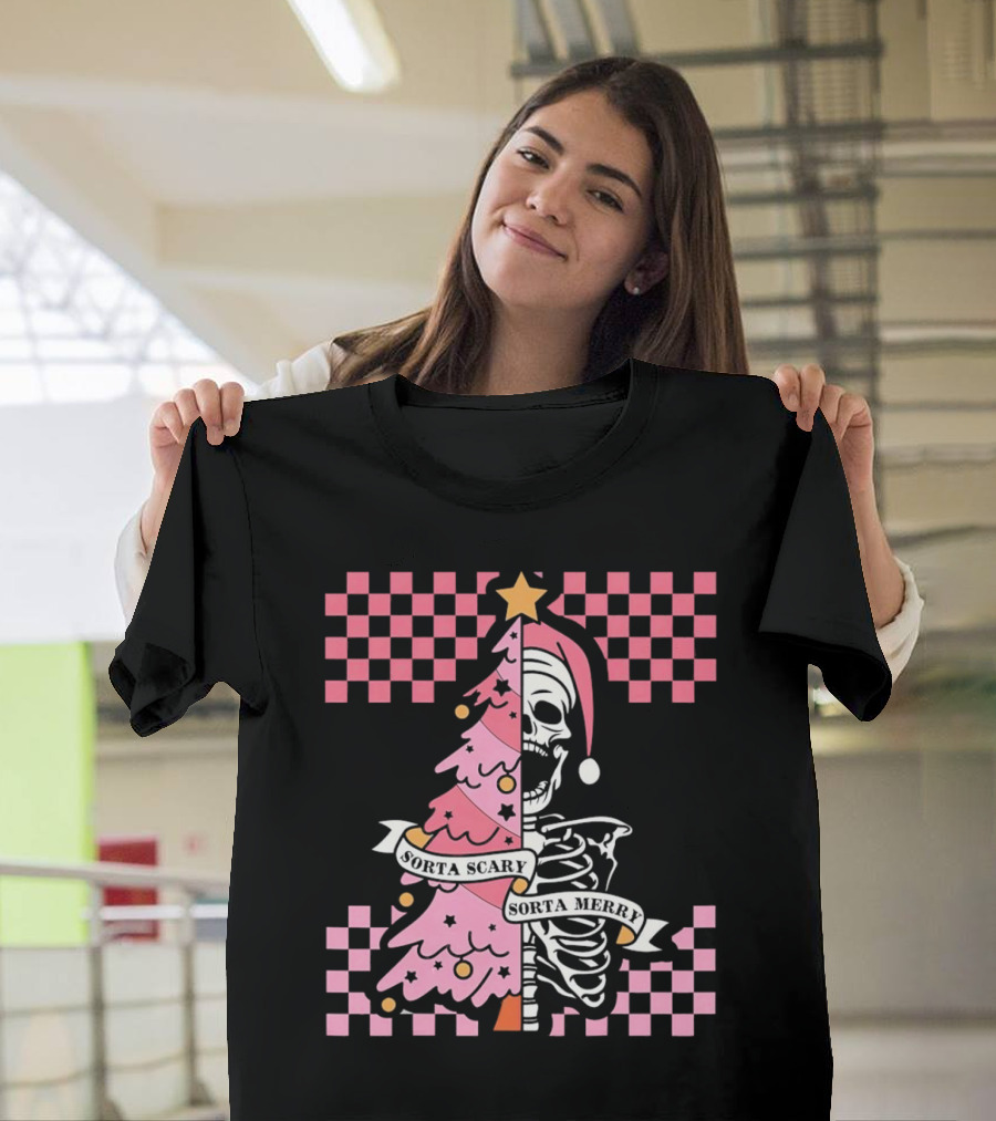 Skeleton Sorta Scary Sorta Merry Christmas Tree Split T-Shirt