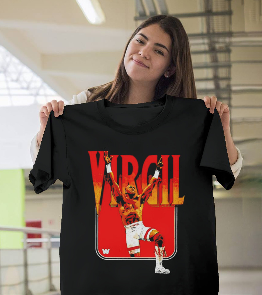 Virgil Wrestling Iconic Pose with Red Background and White Boots T-Shirt