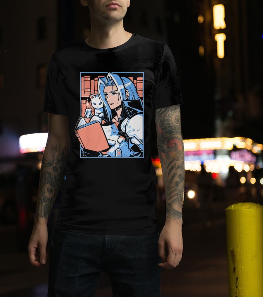 Sephiroth Reading In Basement Library With Cats And Books T-Shirt