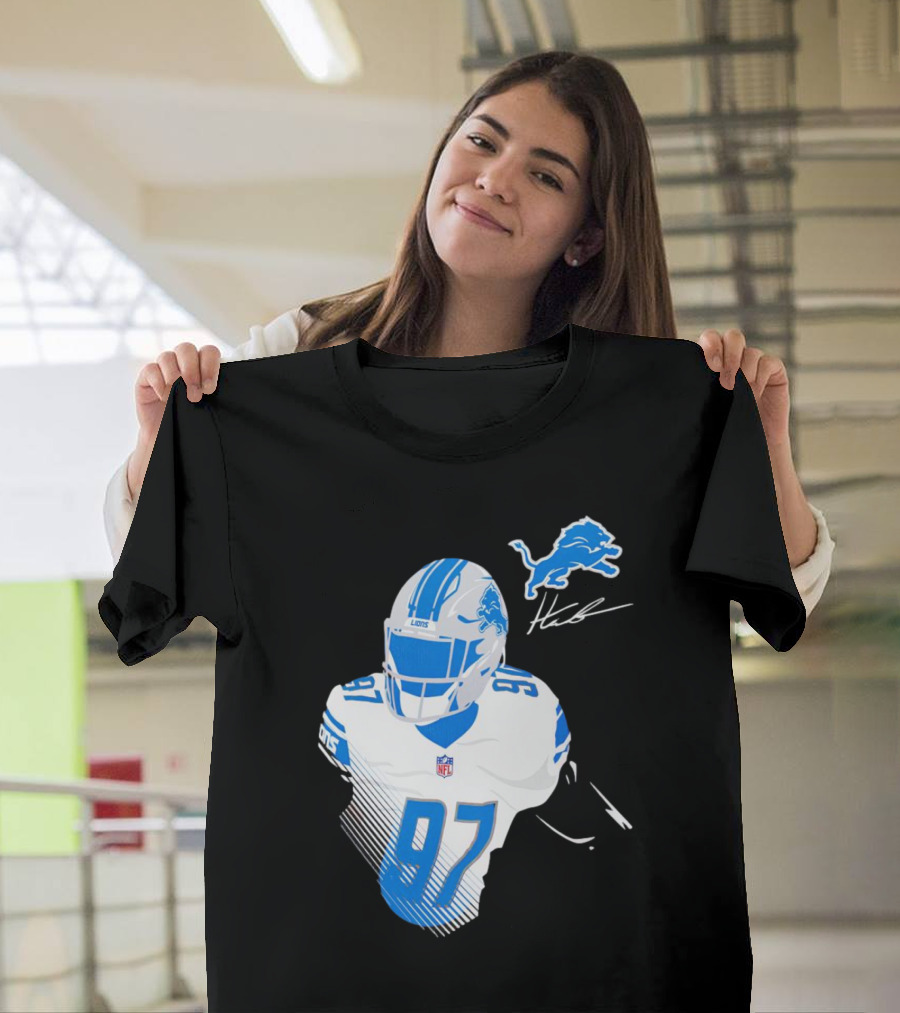 Aidan Hutchinson Detroit Lions Player Signature 97 NFL Logo Lions Helmet T-Shirt