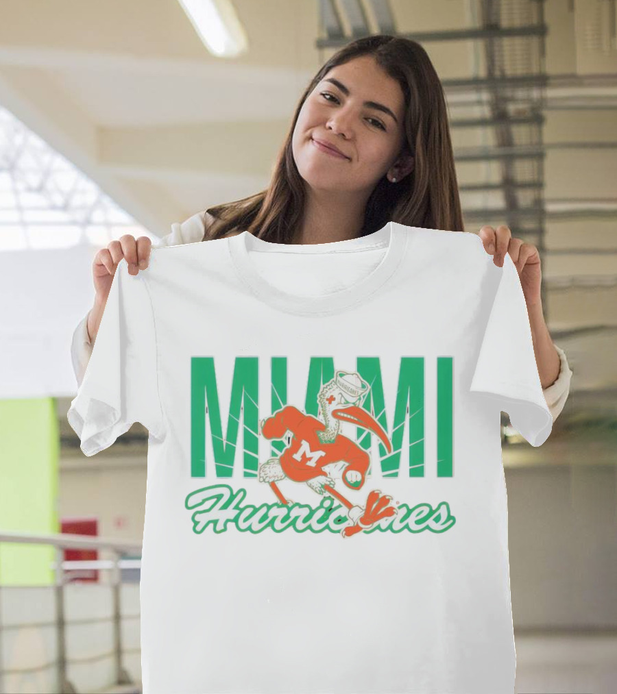 Miami Hurricanes Sebastian the Ibis Mascot with Bold Lettering T-Shirt