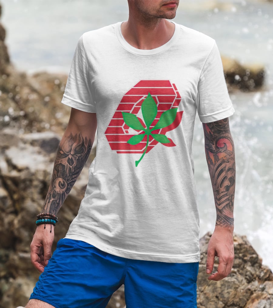 Ohio State Buckeyes Scarlet And Gray O With Green Leaf Emblem T-Shirt