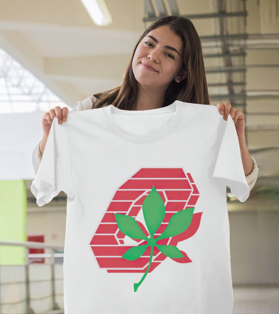 Ohio State Buckeyes Scarlet And Gray O With Green Leaf Emblem T-Shirt