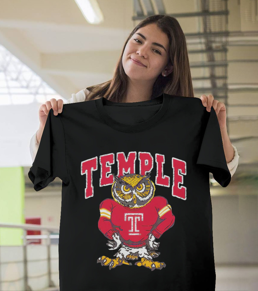 Temple Owls Football Mascot In Red Jersey With Bold Temple Text T-Shirt