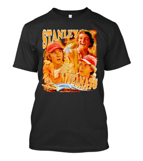 Stanley Yelnats Character Collage With Orange Background And Lizard T-Shirt