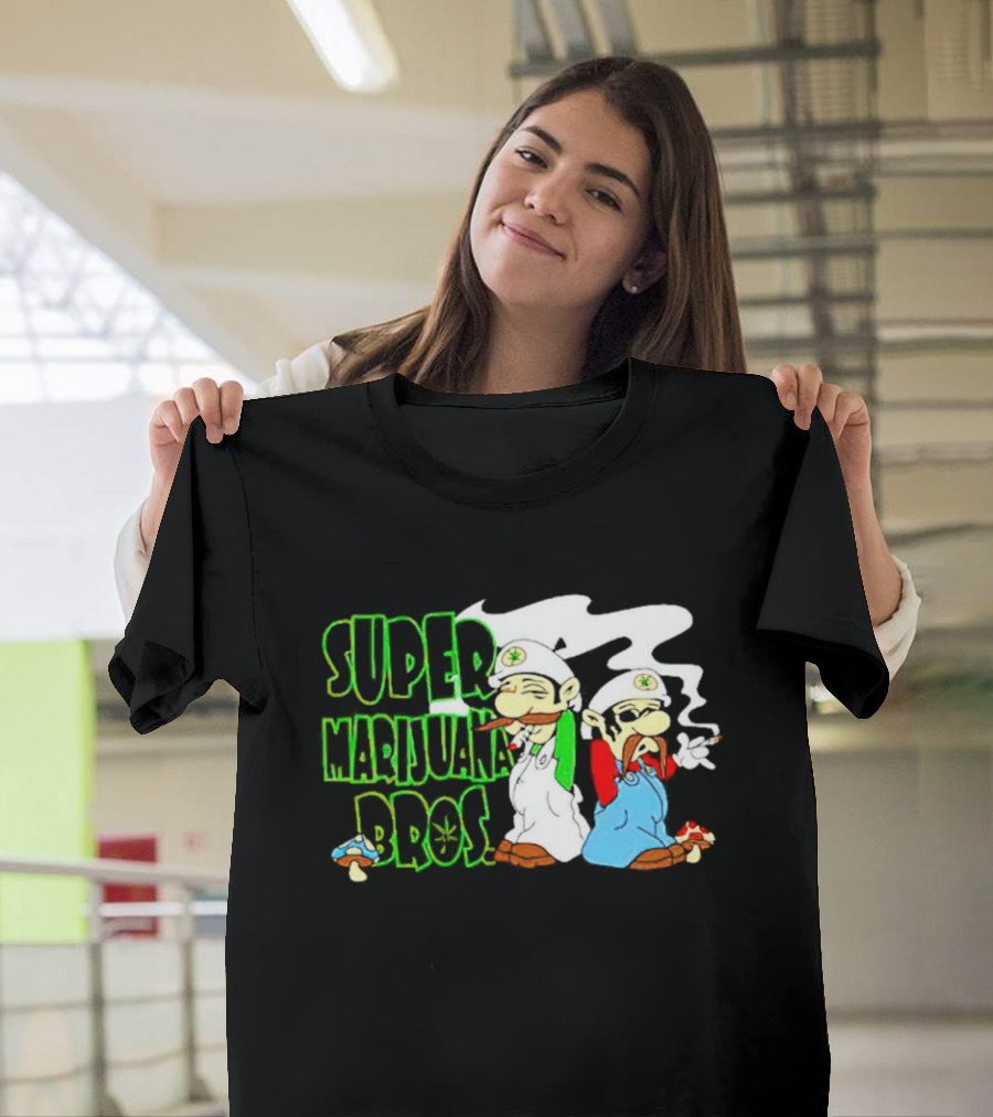 Super Marijuana Bros Weed Parody with Smoking Characters and Mushrooms T-Shirt