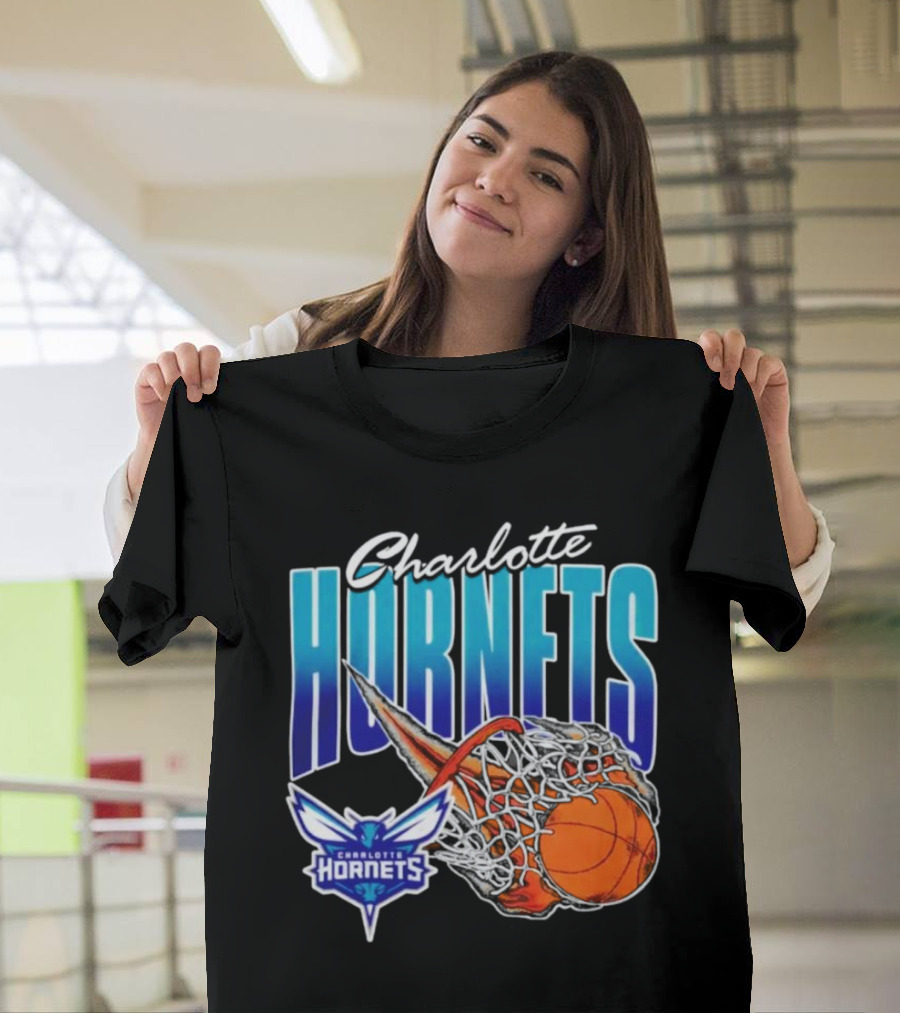 Charlotte Hornets Basketball Fire and Net T-Shirt