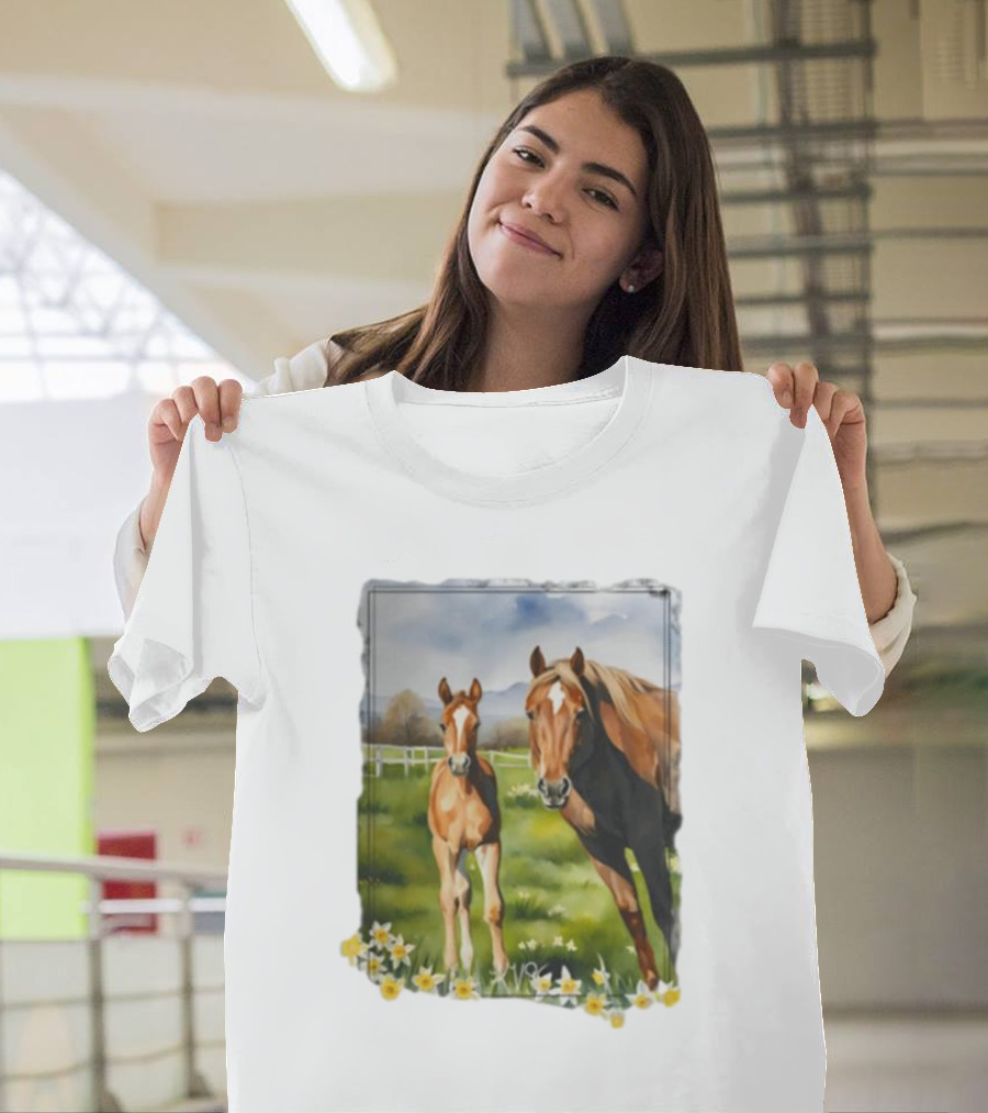 Ginger and Freddie Horses in Scenic Pasture with Daffodils T-Shirt