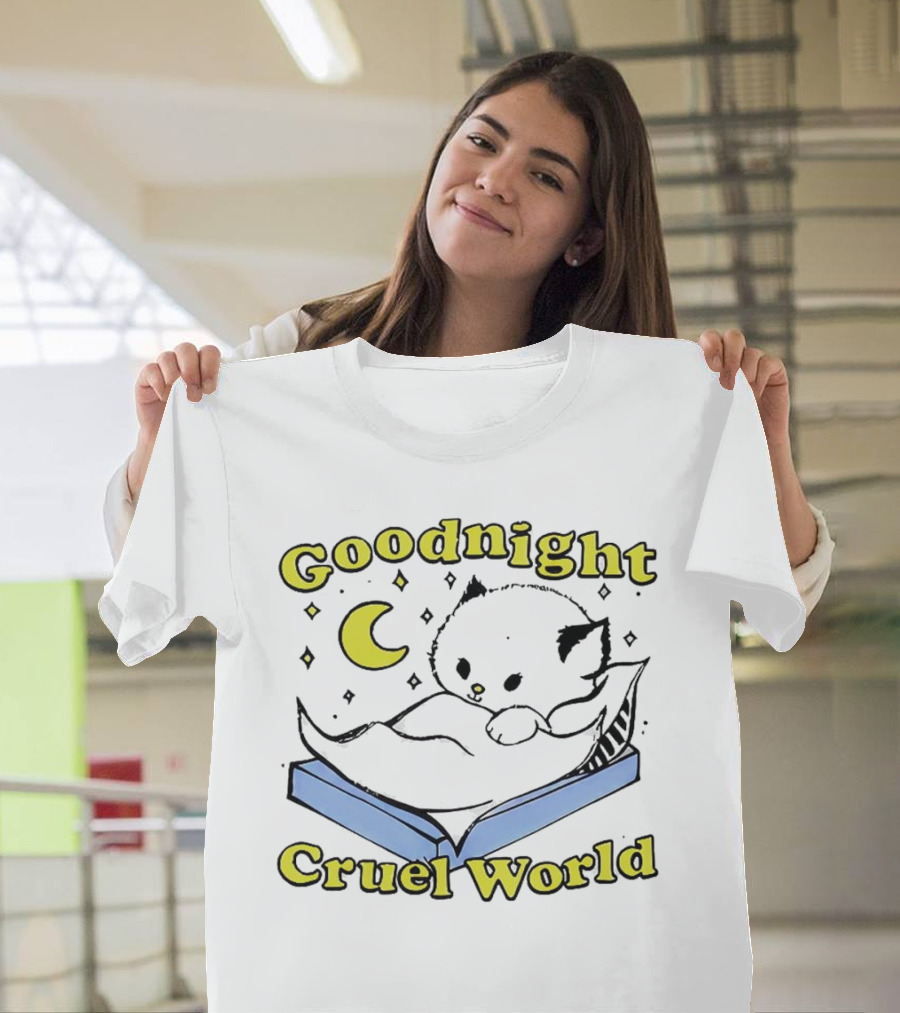 Goodnight Cruel World Cat On Open Book With Moon And Stars T-Shirt