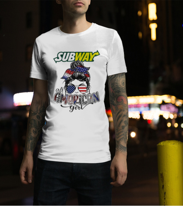 Subway All American Girl Messy Bun Patriotic Bandana And Sunglasses T-Shirt