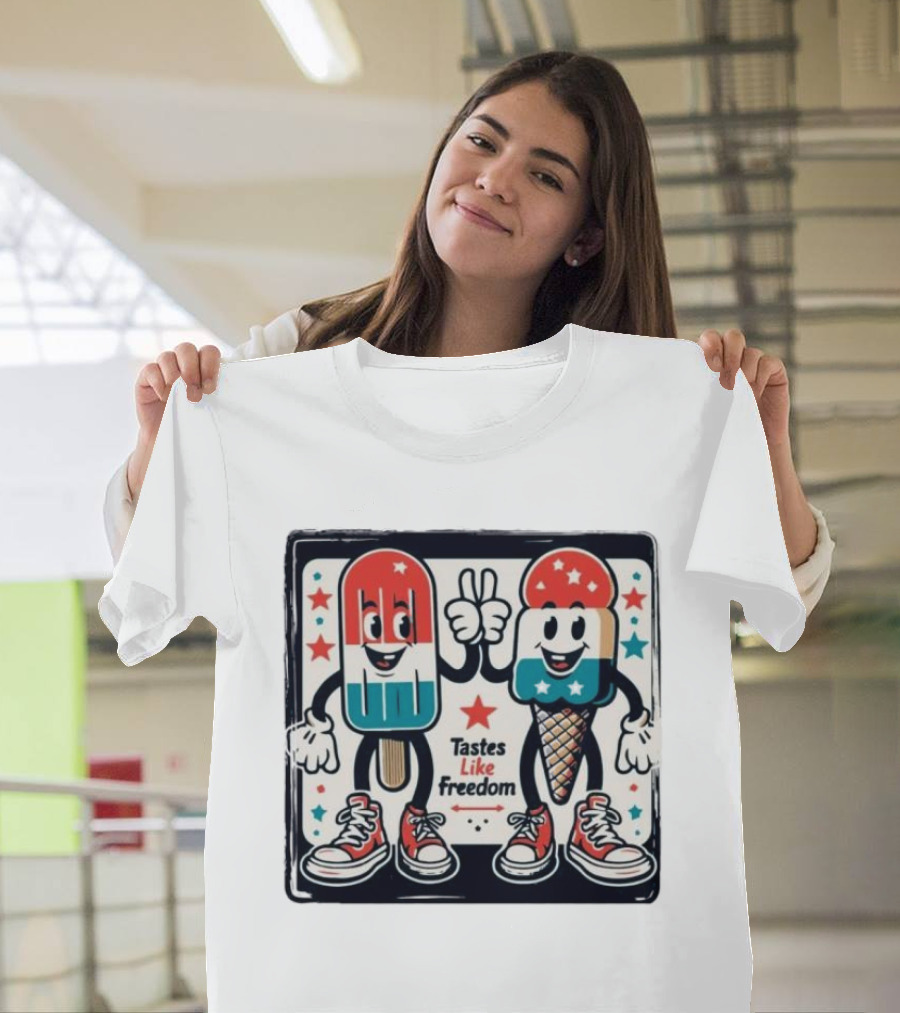 Tastes Like Freedom Popsicle and Ice Cream Characters with Stars and Sneakers T-Shirt