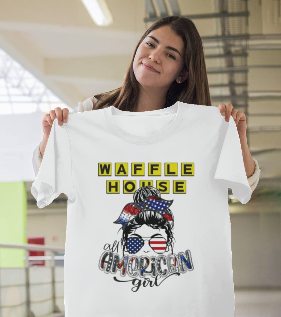 Waffle House All American Girl Messy Bun Patriotic USA Flag Glasses T-Shirt