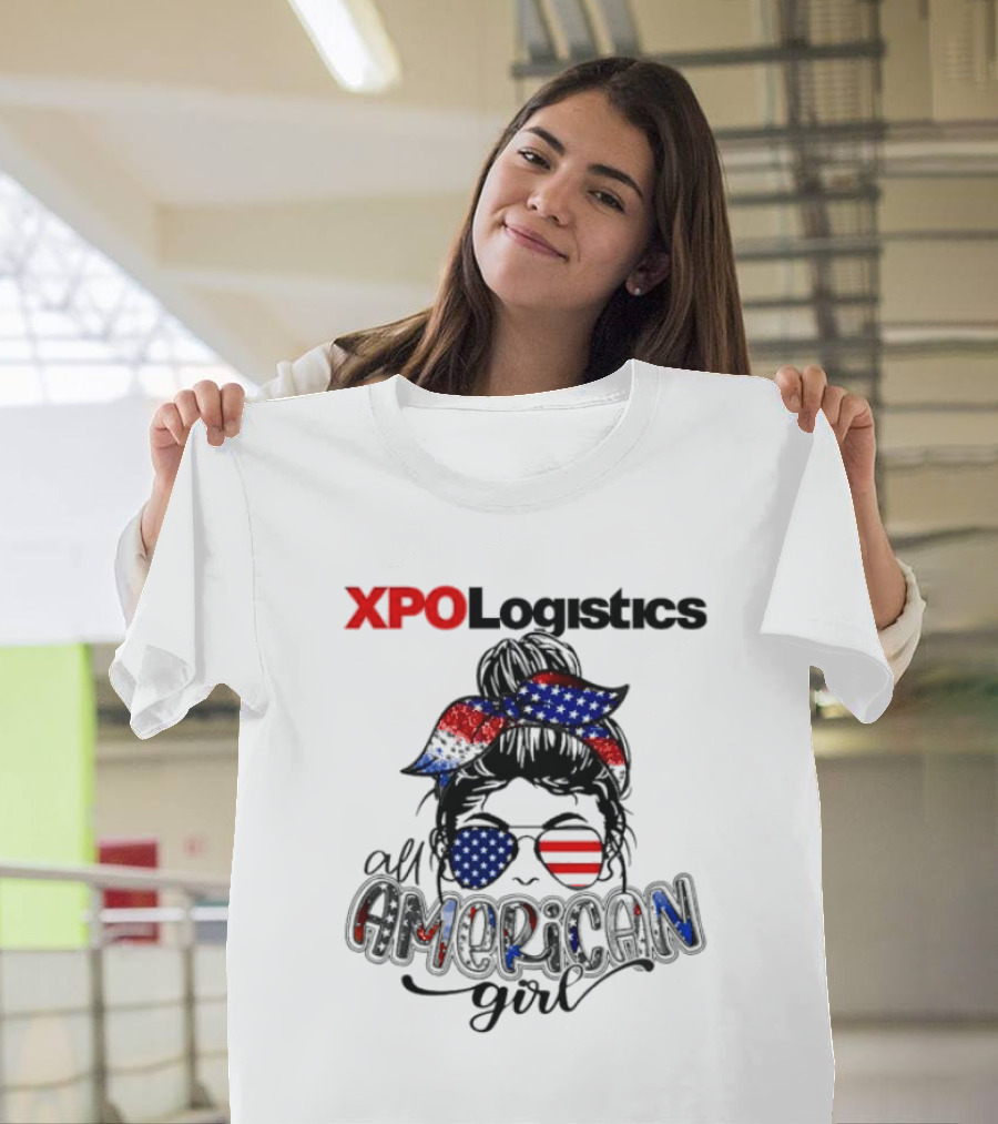 XPO Logistics All American Girl Messy Bun Red White Blue Glasses Stars Stripes T-Shirt