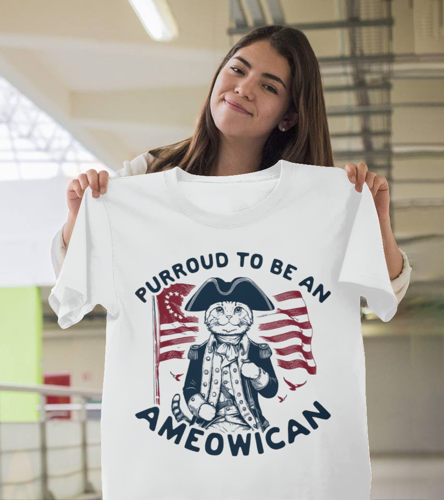 Purroud To Be An Ameowican Cat in Patriotic Uniform with American Flag T-Shirt