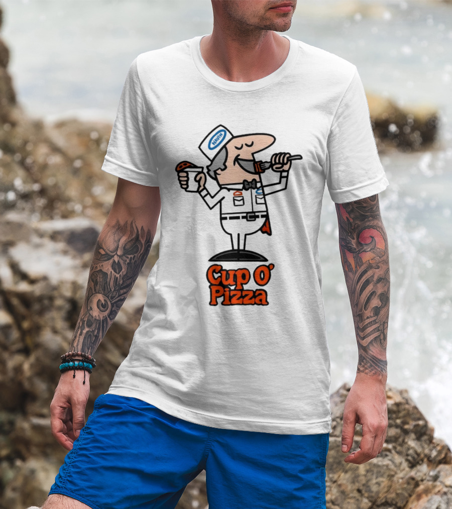 Cup O' Pizza Cartoon Character Eating From A Fork And Cup T-Shirt
