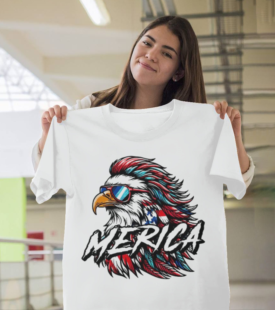 Merica Mullet Eagle With Patriotic Sunglasses And Americana Colors T-Shirt