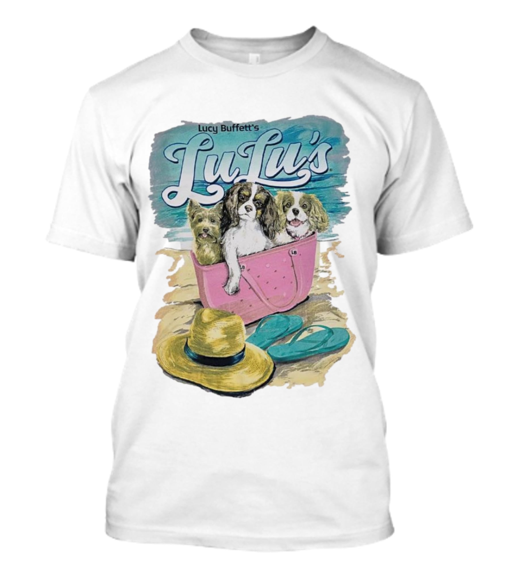 Lucy Buffett’s LuLu’s Beach Dogs In Pink Bag With Hat And Flip-Flops T-Shirt