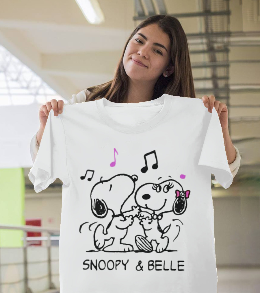 Snoopy And Belle Dancing With Musical Notes And Pink Accents T-Shirt