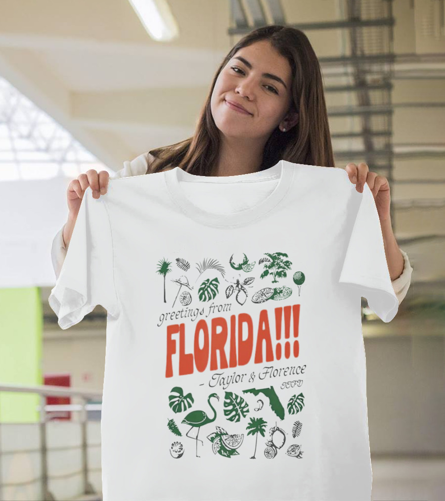 Greetings from Florida Taylor and Florence TTPD Flamingo Palm Map Iconic Tropical T-Shirt