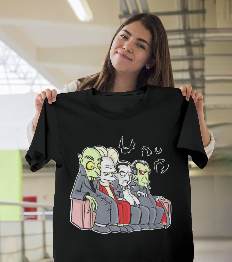 Various Versions of Draculas Seated on a Couch with Bat Symbols T-Shirt