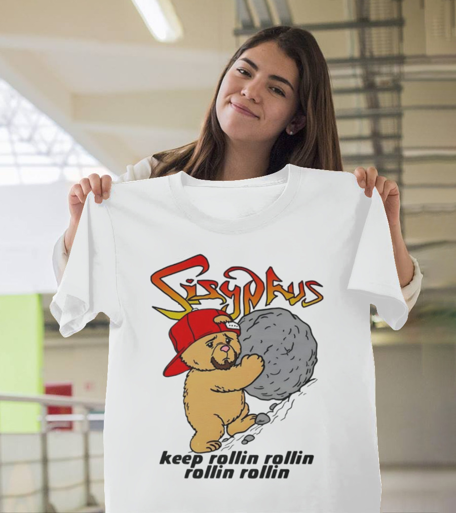Sisyphus Keep Rollin Rollin Rollin Rollin Bear With Boulder Red Cap T-Shirt