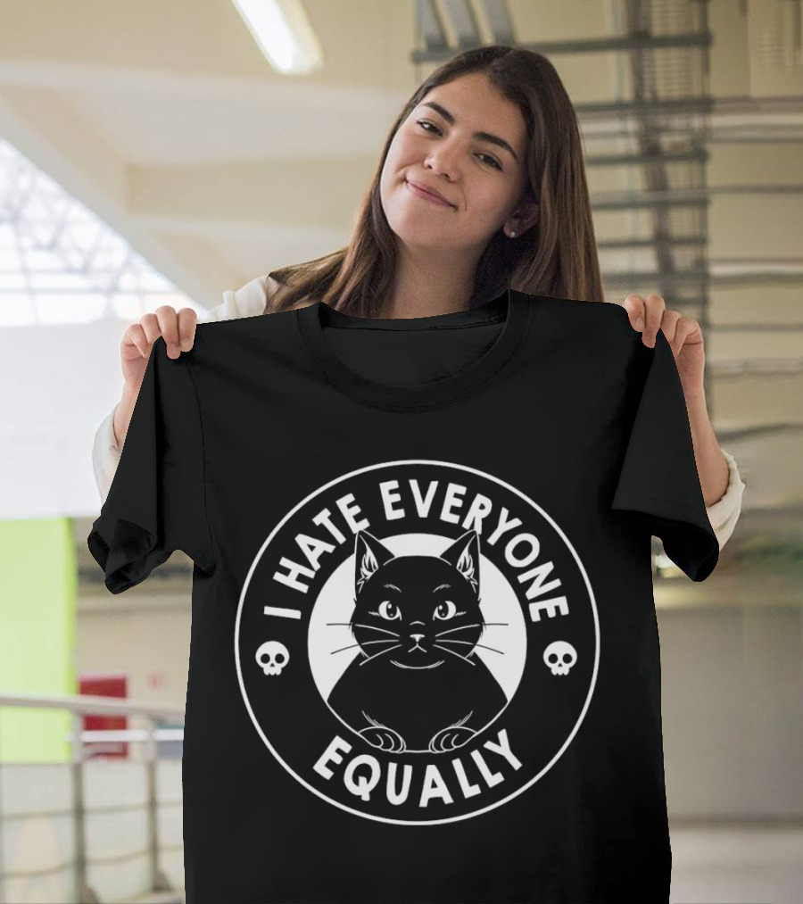 I Hate Everyone Equally Black Cat Illustration With Skulls T-Shirt