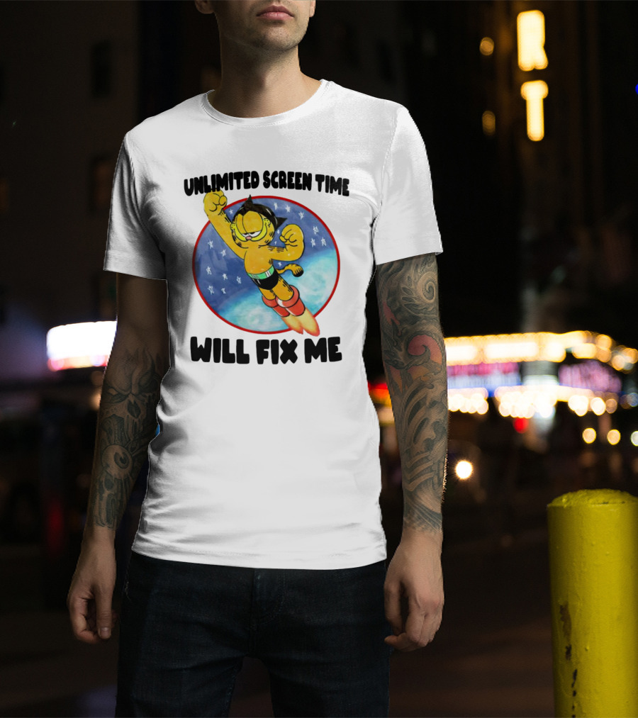 Unlimited Screen Time Will Fix Me Garfield Superhero Flight T-Shirt