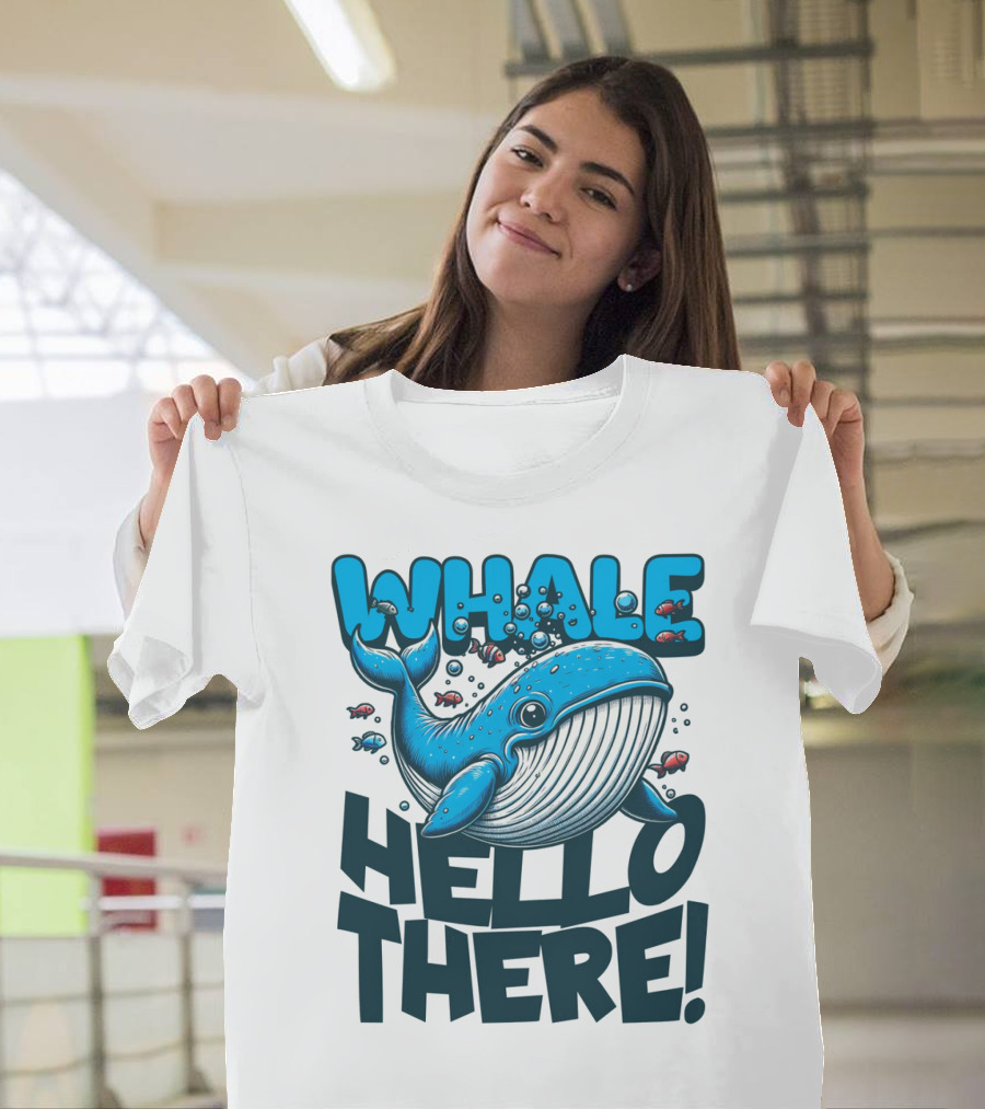 Whale Hello There Playful Cartoon Whale with Bubbles and Fish T-Shirt