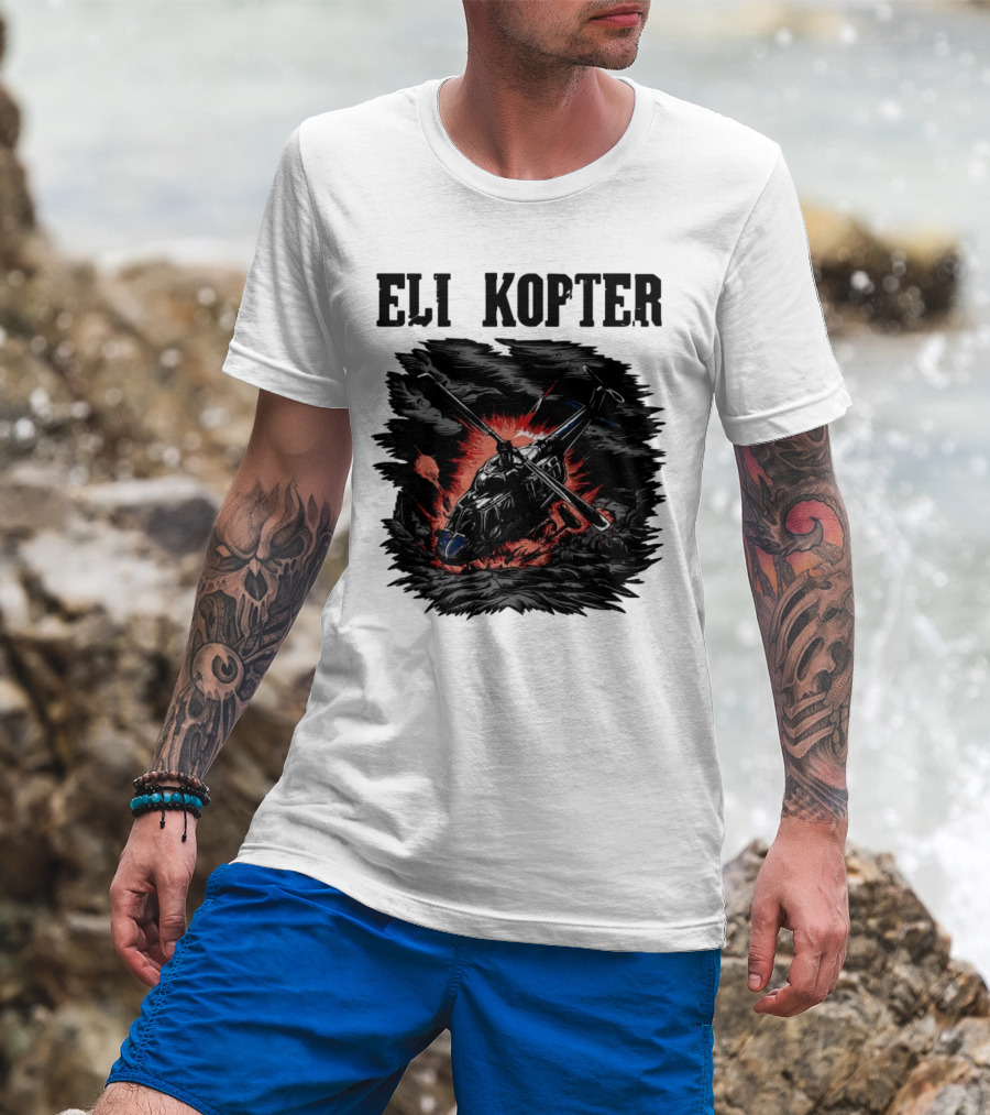 Eli Kopter Helicopter In Stormy Sky With Red Explosion T-Shirt