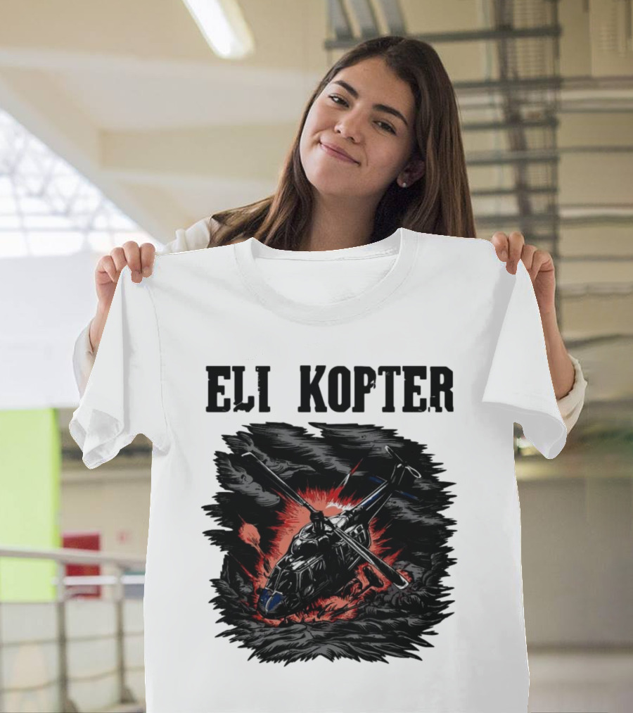 Eli Kopter Helicopter In Stormy Sky With Red Explosion T-Shirt