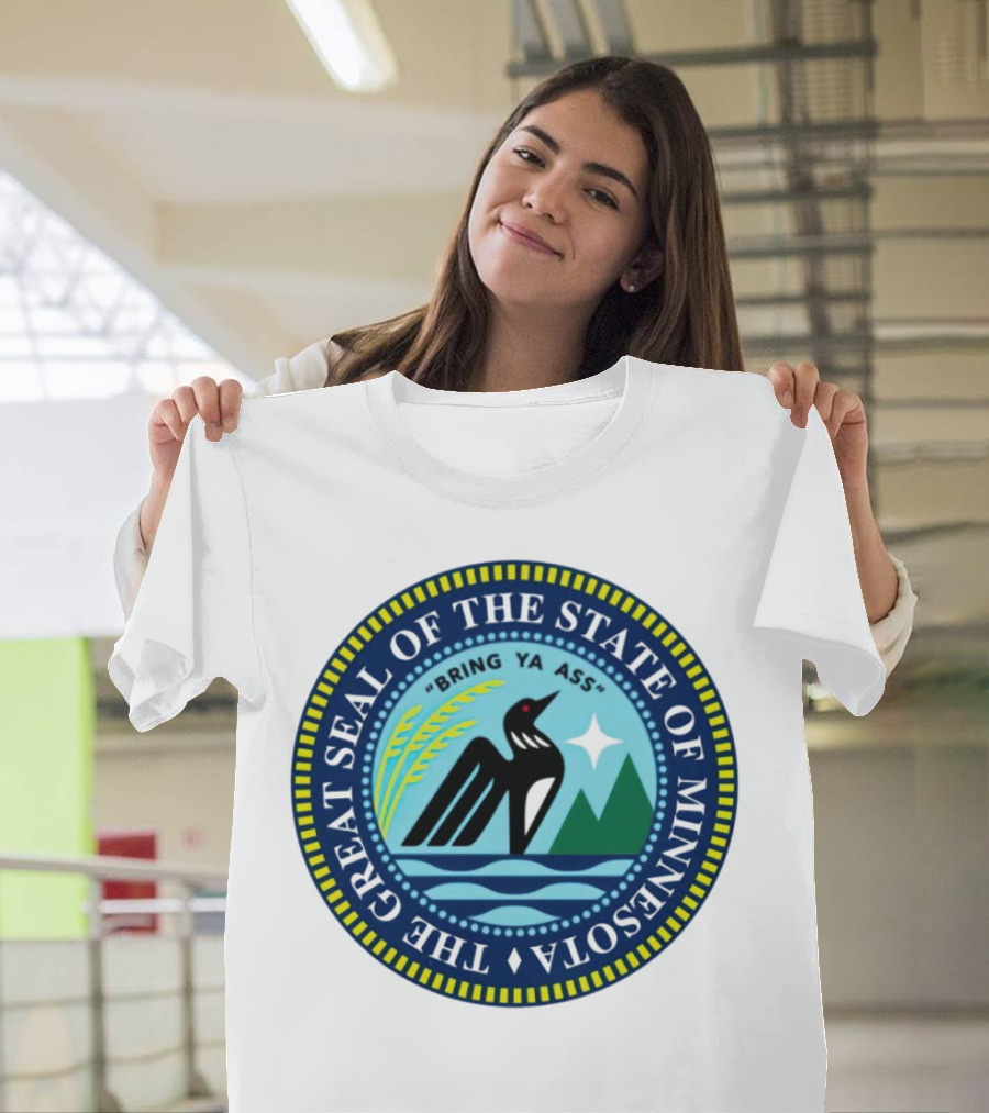 The Great Seal Of The State Of Minnesota Bring Ya Ass Black Bird Mountains Waves Star T-Shirt
