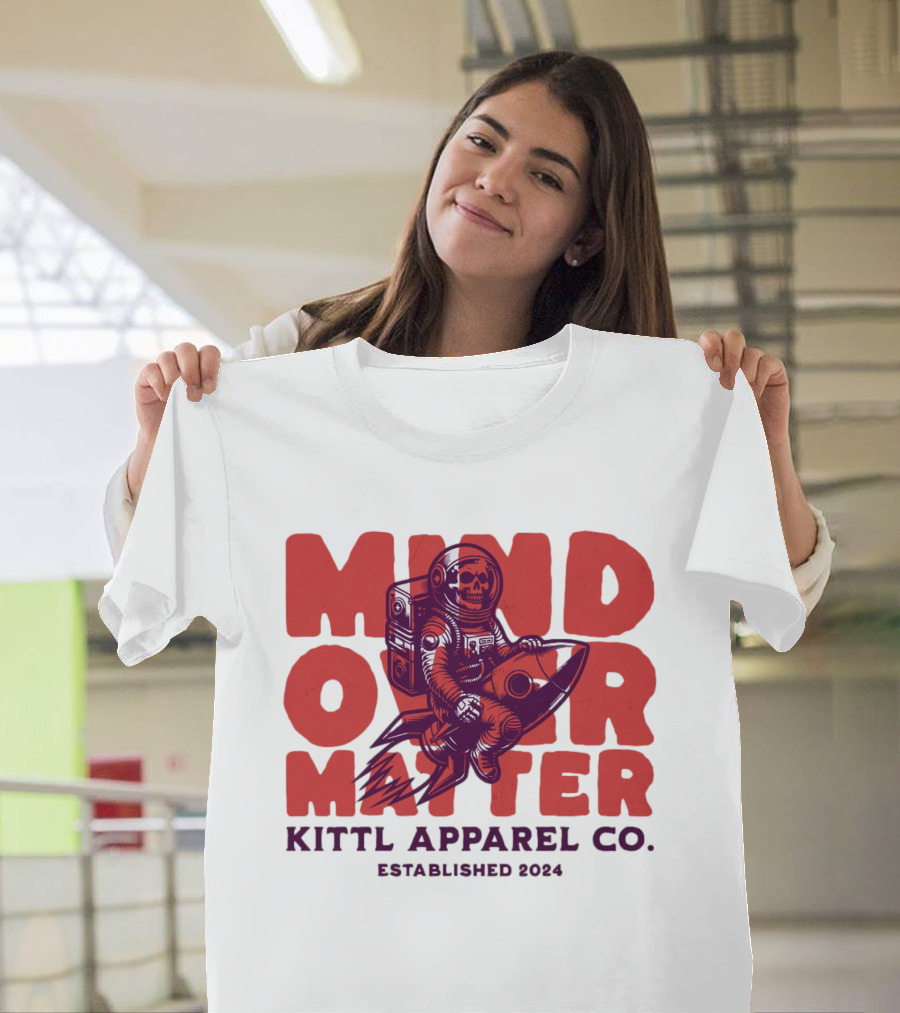 Mind Over Matter Kittl Apparel Co. Established 2024 Astronaut on Rocket Skeleton T-Shirt