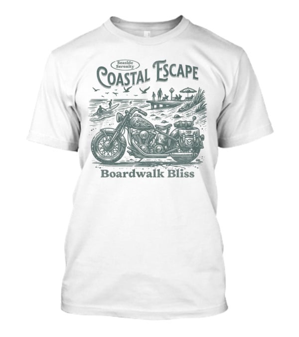 Seaside Serenity Coastal Escape Motorcycle Boardwalk Bliss T-Shirt