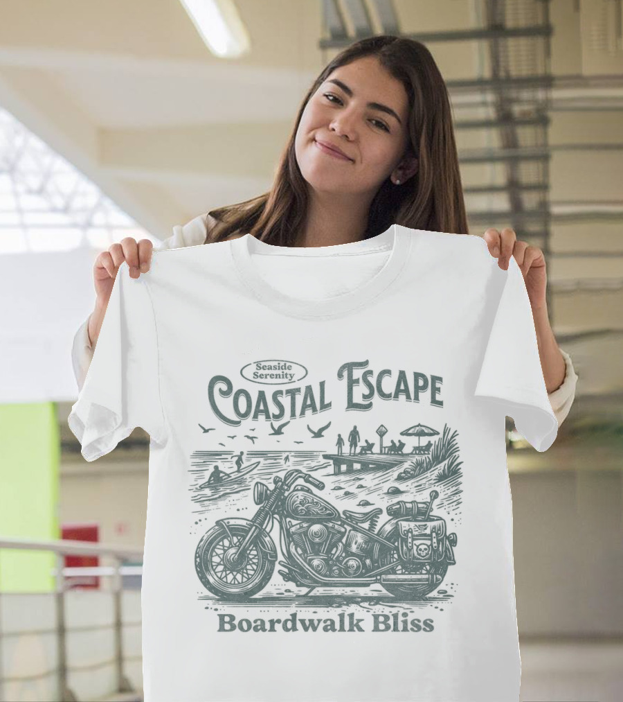 Seaside Serenity Coastal Escape Motorcycle Boardwalk Bliss T-Shirt