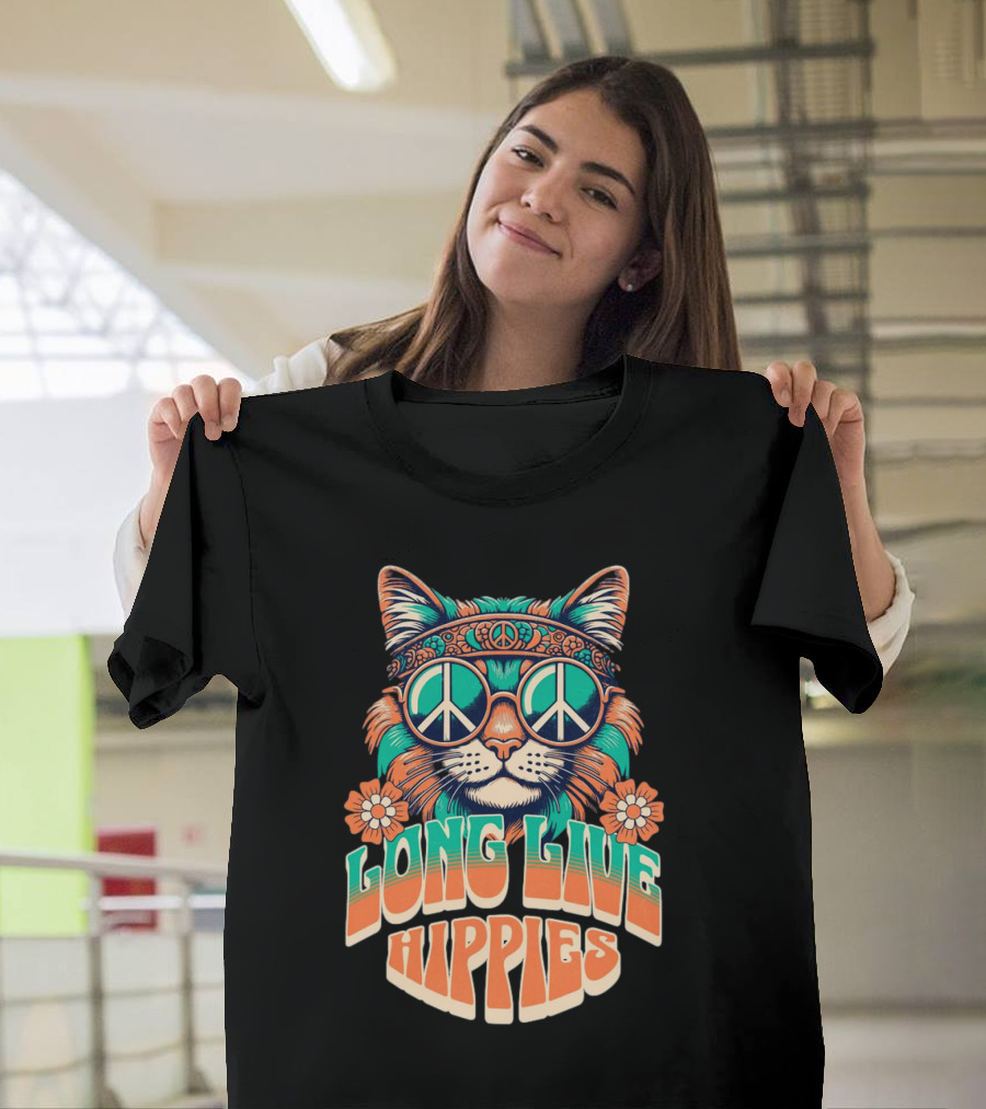 Long Live Hippies Cat With Peace Sign Glasses And Flowers T-Shirt
