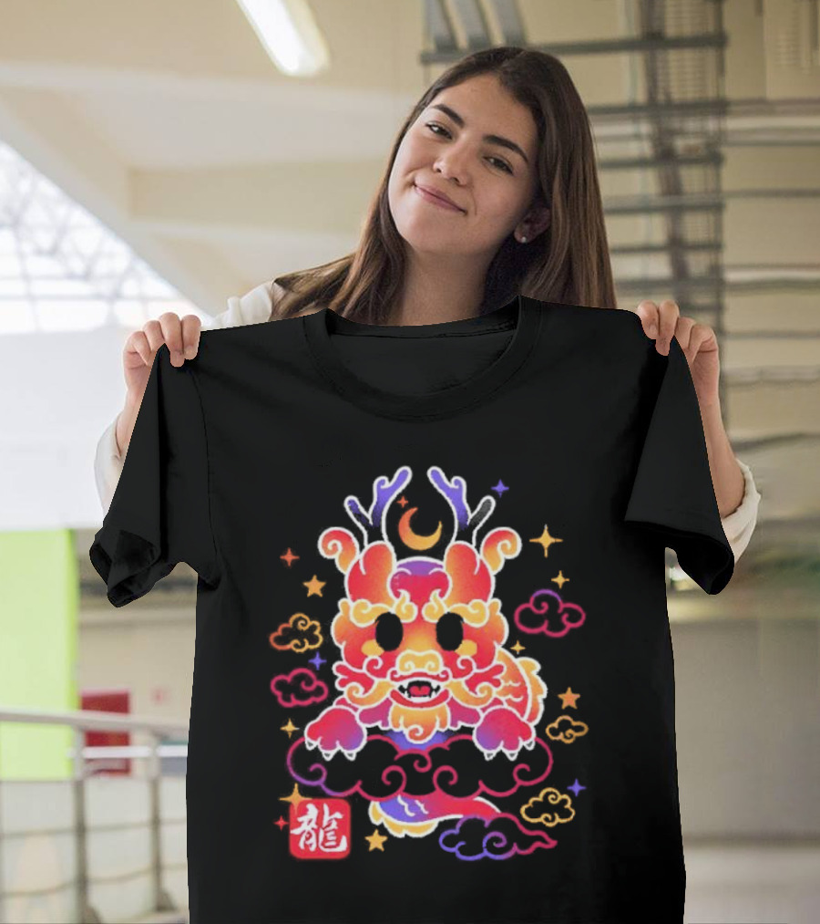 Kawaii Chinese Dragon with Colorful Clouds and Stars Asian Aesthetic T-Shirt